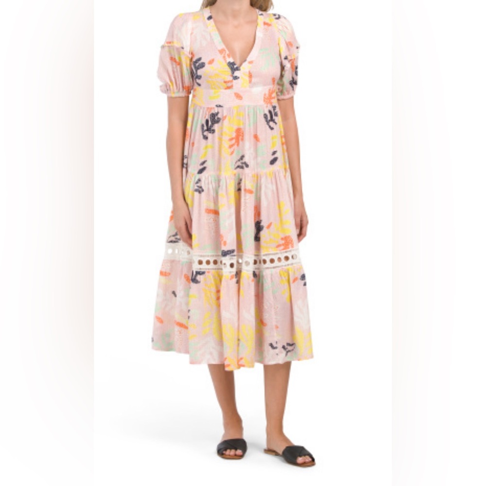 LemLem | Reef Flutter Sleeve Maxi Dress Pink Tiered Ruffle Metallic Summer Sz S